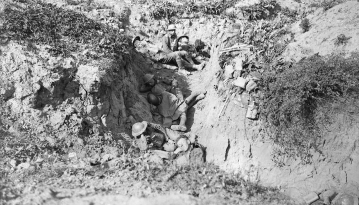 90_Canadians resting in captured trenches. Advance East of Arras. August, 1918.